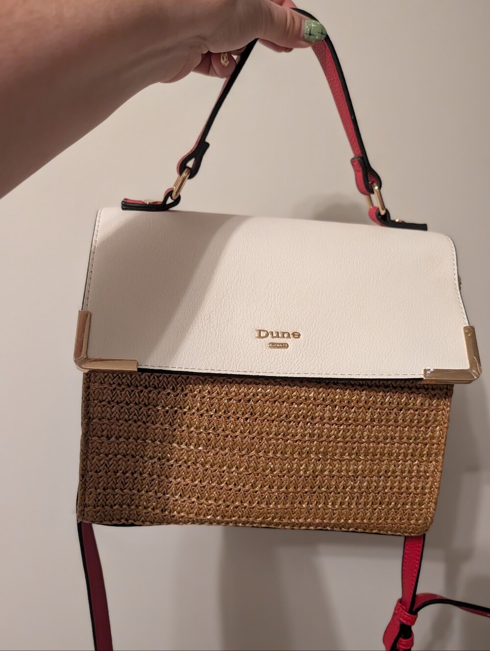 Dune London White Flap Straw Crossbody with Pink Trim